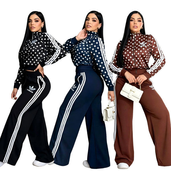 Chic Polka Dot Sporty Set: Embroidered Zip-Up Top with High-Waisted Wide-Leg Pants for Casual Wear