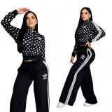 Chic Polka Dot Sporty Set: Embroidered Zip-Up Top with High-Waisted Wide-Leg Pants for Casual Wear