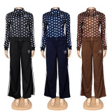 Chic Polka Dot Sporty Set: Embroidered Zip-Up Top with High-Waisted Wide-Leg Pants for Casual Wear