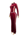 Embroidered velvet stand up collar cardigan, contrasting color splicing, micro flared pants two-piece set