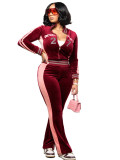 Embroidered velvet stand up collar cardigan, contrasting color splicing, micro flared pants two-piece set