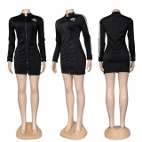Stand up collar zipper long sleeved hip hugging dress, elastic slim fit, slimming and multi colored short skirt