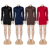 Stand up collar zipper long sleeved hip hugging dress, elastic slim fit, slimming and multi colored short skirt