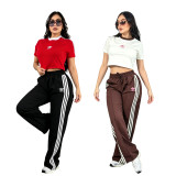 Yoga Wear Casual Sports Set - Round Neck Short Top with Open Back and High-Waisted Wide Leg Pants Two-Piece Set