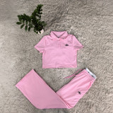 Polo Flared Sleeve Top with Notch Lapel and Double-Waisted Wide-Leg Pant Set - Casual Sporty Two-Piece Outfit