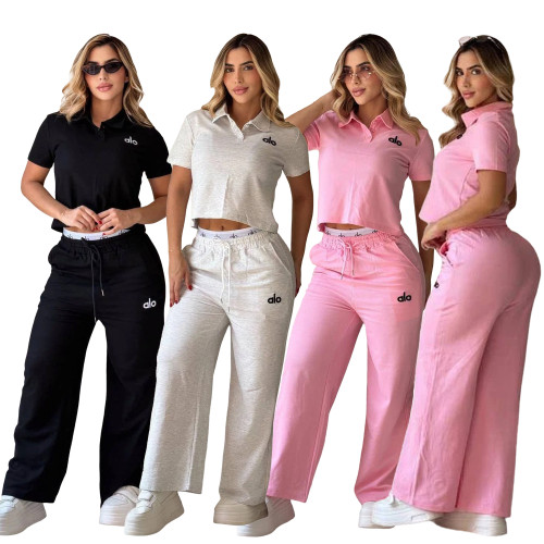 Polo Flared Sleeve Top with Notch Lapel and Double-Waisted Wide-Leg Pant Set - Casual Sporty Two-Piece Outfit