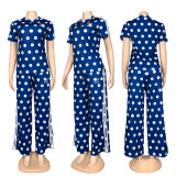 Wave Point Leisure Set Round Neck Short Sleeve Top Wide Leg Pants Loose and Slimming Two Piece Set