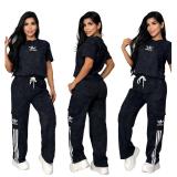 Round neck embroidered short sleeved top, workwear, straight leg pants, tie dye set, loose casual sports two-piece set