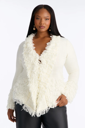 Long-sleeved hand-knit fringe sweater open-fronted knit jacket