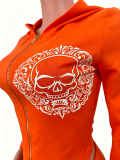 New European and American autumn and winter skull offset printing splicing thread low waist bell bottom pants sports and leisure set for women