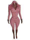 Fashion women's striped hooded zipper cardigan with fold over waist and seven inch mid length pants two-piece set