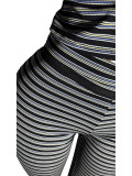 Fashion women's striped hooded zipper cardigan with fold over waist and seven inch mid length pants two-piece set