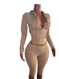 Fashion women's striped hooded zipper cardigan with fold over waist and seven inch mid length pants two-piece set