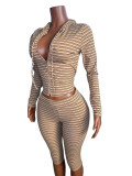Fashion women's striped hooded zipper cardigan with fold over waist and seven inch mid length pants two-piece set