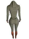 Fashion women's striped hooded zipper cardigan with fold over waist and seven inch mid length pants two-piece set
