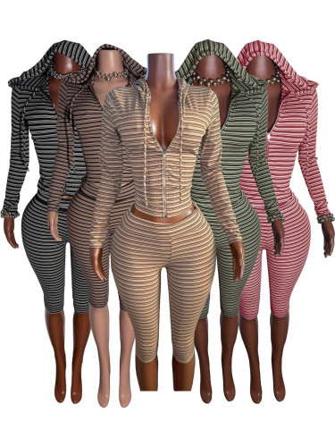 Fashion women's striped hooded zipper cardigan with fold over waist and seven inch mid length pants two-piece set