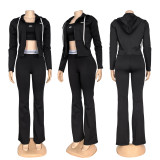 Elastic Fit Yoga Three-Piece Set: Hooded Jacket, Sports Tank Top, High-Waisted Flared Pants Casual Ensemble