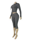 Fashion women's striped hooded zipper cardigan with fold over waist and seven inch mid length pants two-piece set