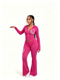 New European and American autumn and winter skull offset printing splicing thread low waist bell bottom pants sports and leisure set for women