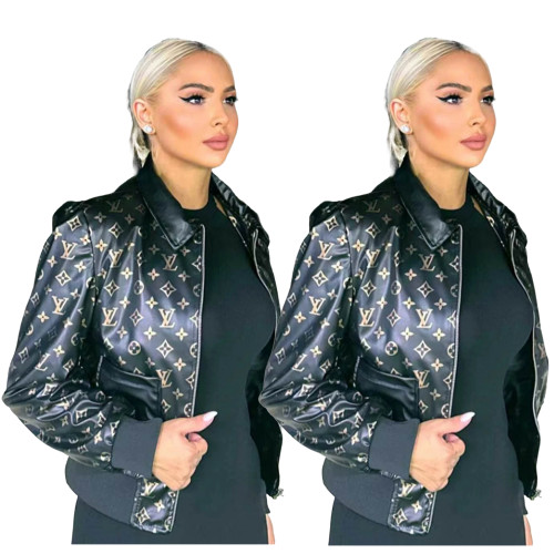 Women's leather jacket jacket with lapel zipper and double pockets, slim fit and slimming short jacket