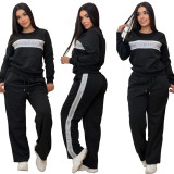 Fashionable embossed casual hoodie set round neck long sleeved top with elastic waist and wide legs, long pants