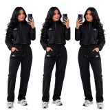 Half zip stand up collar casual hoodie set embroidered short hoodie high waist wide leg long pants two-piece set