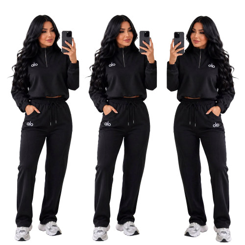 Half zip stand up collar casual hoodie set embroidered short hoodie high waist wide leg long pants two-piece set