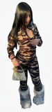Autumn and winter irregular print splicing zipper hooded long sleeved multi bag sports and leisure set