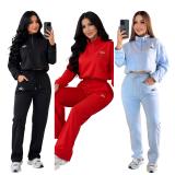 Half zip stand up collar casual hoodie set embroidered short hoodie high waist wide leg long pants two-piece set
