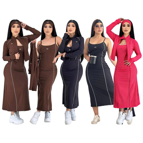 Line-paneled Two Piece Set  Short Zip-up Jacket Fitted Slip Dress