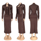 Line-paneled Two Piece Set  Short Zip-up Jacket Fitted Slip Dress