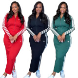 Casual temperament pit stripe embroidery zipper jacket skirt set