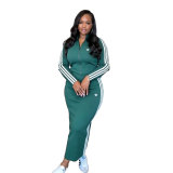 Casual temperament pit stripe embroidery zipper jacket skirt set