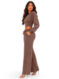 European and American fashion women's washed and worn stand up collar zipper waist cinched cardigan drawstring wide leg pants two-piece set
