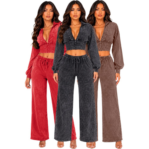 European and American fashion women's washed and worn stand up collar zipper waist cinched cardigan drawstring wide leg pants two-piece set
