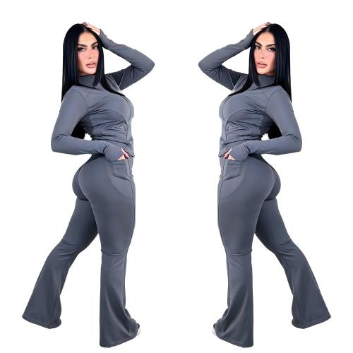 High elasticity nude yoga suit set, stand up collar slim fit top, high waist and hip lifting micro flared pants two-piece set