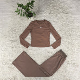 European and American women's long sleeved sports suit slim fit round neck top+high waisted drape casual wide leg pants