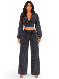 European and American fashion women's washed and worn stand up collar zipper waist cinched cardigan drawstring wide leg pants two-piece set