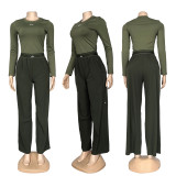 European and American women's long sleeved sports suit slim fit round neck top+high waisted drape casual wide leg pants