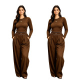 European and American women's long sleeved sports suit slim fit round neck top+high waisted drape casual wide leg pants