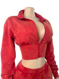 European and American fashion women's washed and worn stand up collar zipper waist cinched cardigan drawstring wide leg pants two-piece set