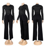 European and American women's long sleeved sports suit slim fit round neck top+high waisted drape casual wide leg pants