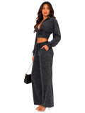 European and American fashion women's washed and worn stand up collar zipper waist cinched cardigan drawstring wide leg pants two-piece set