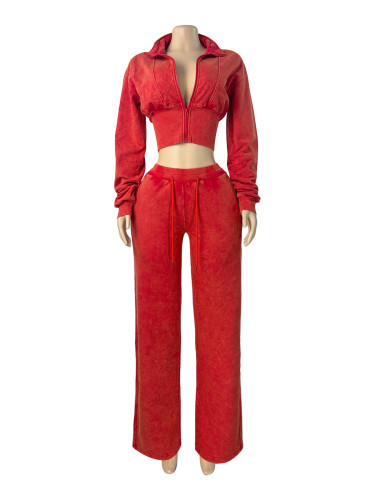 European and American fashion women's washed and worn stand up collar zipper waist cinched cardigan drawstring wide leg pants two-piece set