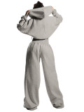 Fleece-lined hooded drawstring zip-up sweatpants with elastic waist and wide-leg design