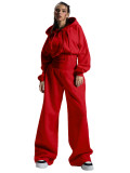 Fleece-lined hooded drawstring zip-up sweatpants with elastic waist and wide-leg design