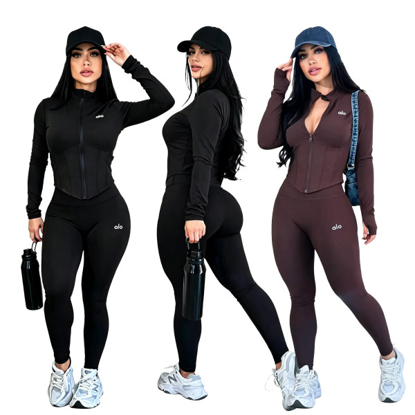 Stand up collar slim fit sports suit zipper long sleeved top, high waist and hip lifting yoga pants two-piece set