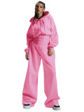 Fleece-lined hooded drawstring zip-up sweatpants with elastic waist and wide-leg design