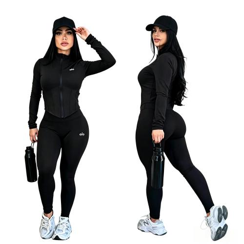 Stand up collar slim fit sports suit zipper long sleeved top, high waist and hip lifting yoga pants two-piece set