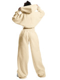 Fleece-lined hooded drawstring zip-up sweatpants with elastic waist and wide-leg design